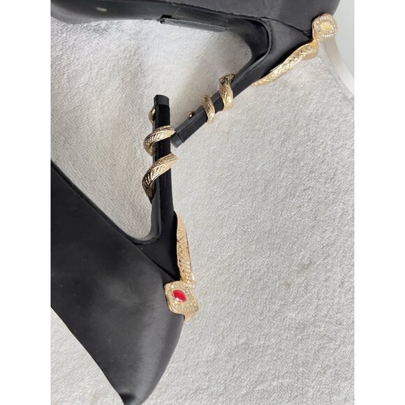 Azalea Wang Size 10 Snake Shoes Black Satin Stilleto Dramatic Slip On Almond Toe - Picture 10 of 16